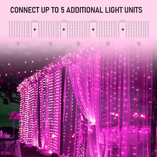 Pink LED Curtain String Lights with 8 Modes for Indoor Outdoor Decor, 300 LEDs