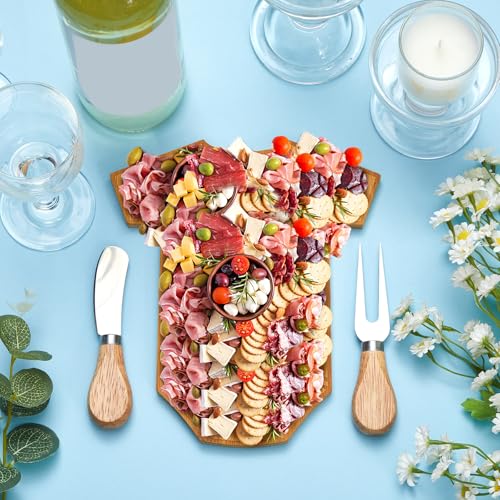 Ziliny 24-Piece Baby Shower Gift Set with Mini Bamboo Cheese Boards & Utensils - Baby Clothing Shape, Party Favors & Prizes