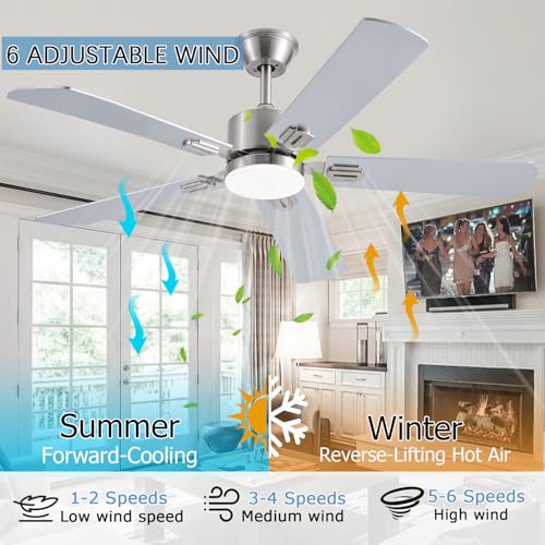 52 Inch Modern Ceiling Fan with Lights and Remote Control - Nickel Finish
