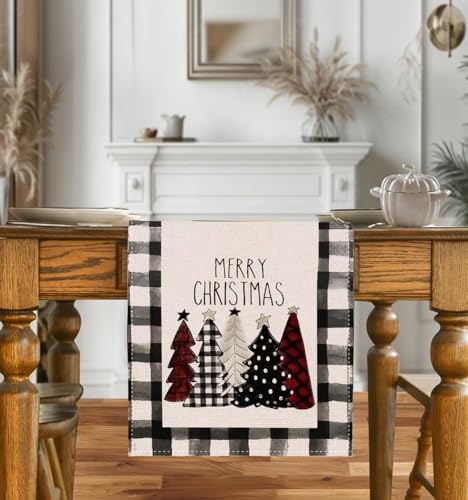 CHAIYA 13x72 Inch Christmas Table Runner Black & White Buffalo Check Holiday Decor