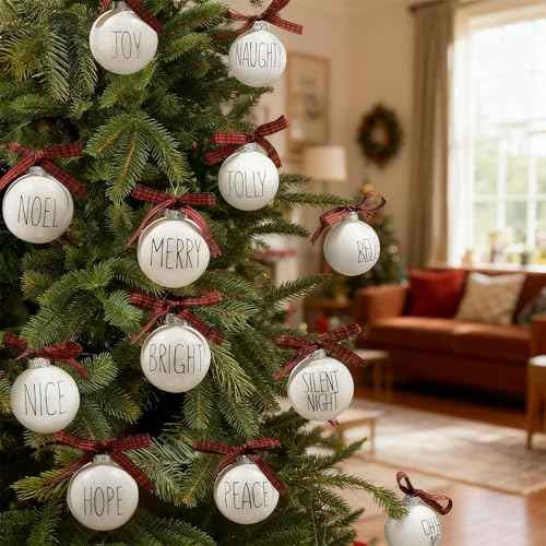 Christmas Decoration, 2.4 Inch 12PCS Farmhouse White Christmas Ornament with Buffalo Plaid Bows, Christmas Tree Decor, Set