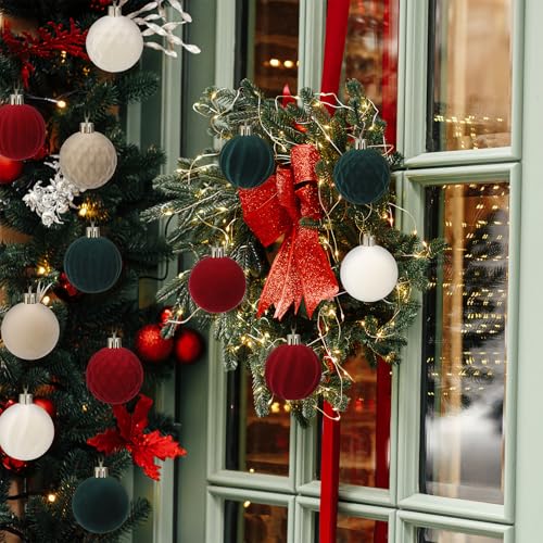 PullCrease 32 Pcs Velvet Christmas Ornaments - Mixed Texture, 2.36 Inch Flocked Holiday Decorations