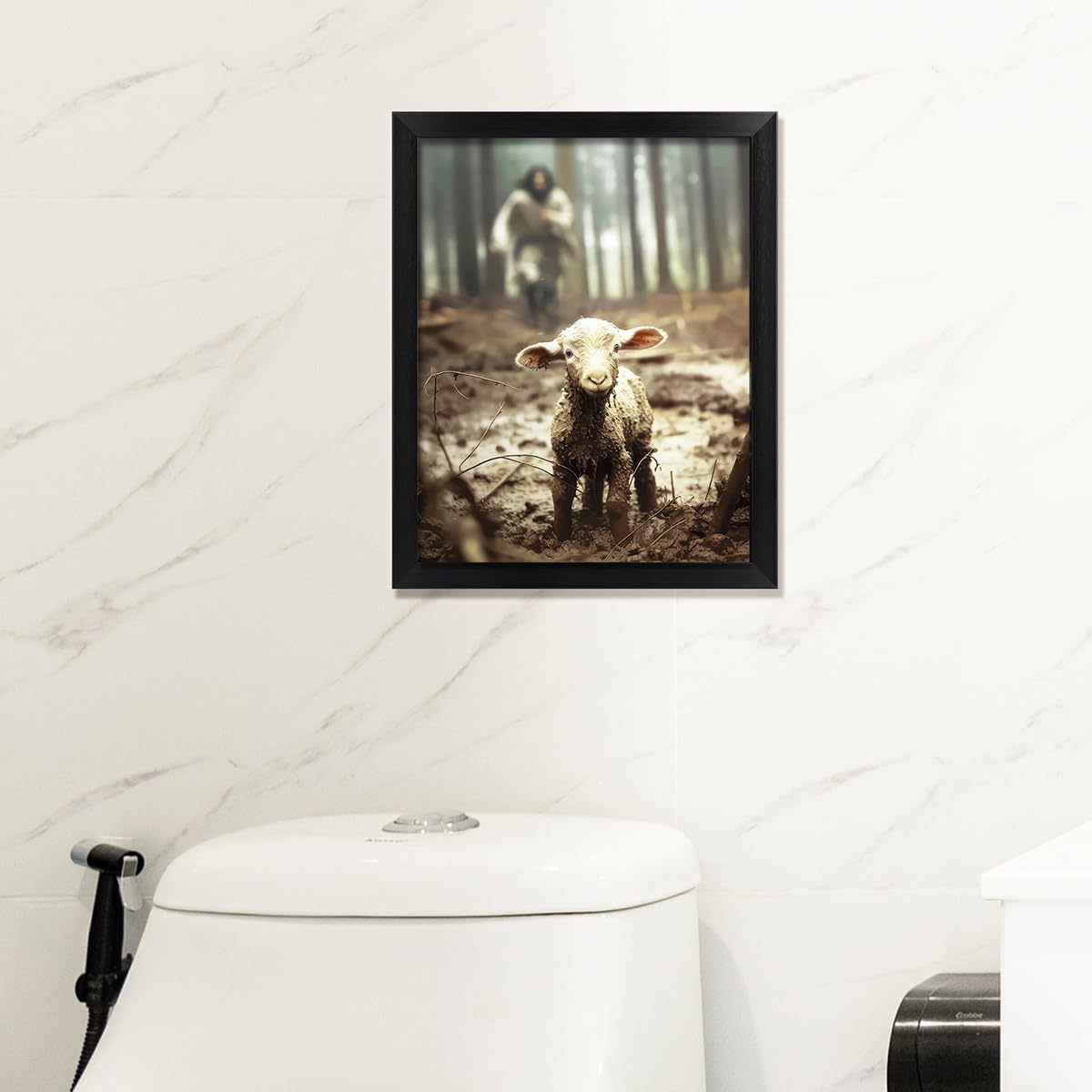 TUXVAKY Framed Christian Wall Art - Jesus Running After Lost Lamb Canvas Decor | 8"x10" Inch
