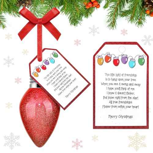 Christmas Friendship Ornament - 3.15'' Glitter Christmas Bulb with Poem Card & Red Bow Stocking Stuffer for Women