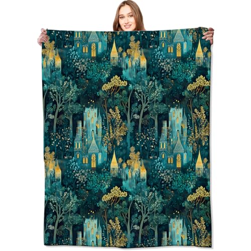 Enchanted Forest Castle Blanket,60x80in,Magical Night Scene Throw
