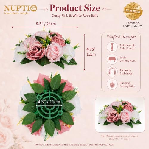 NUPTIO 10 Pcs Dusty Pink & White Fake Flower Balls for Table Centerpieces