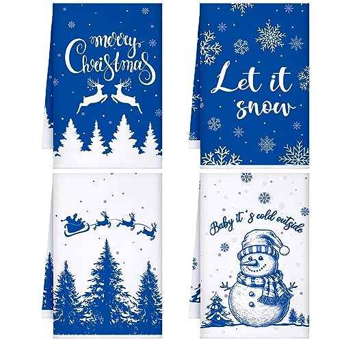 Sratte 4 Pcs Blue Christmas Kitchen Towels 16 x 24 Inch Merry Christmas Hand Towels Winter Let It Snow Snowman Dish Cloths Absorbent Xmas Tea Dishcloths for Home Bathroom Xmas Kitchen Decor