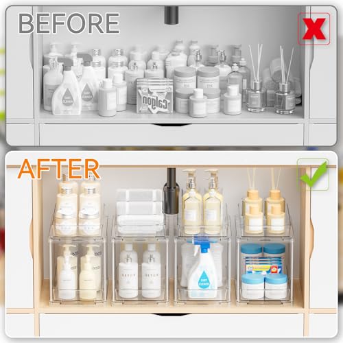 4 Pack Under Sink Organizers with Sliding Drawers - Clear Acrylic Bathroom & Cabinet Storage