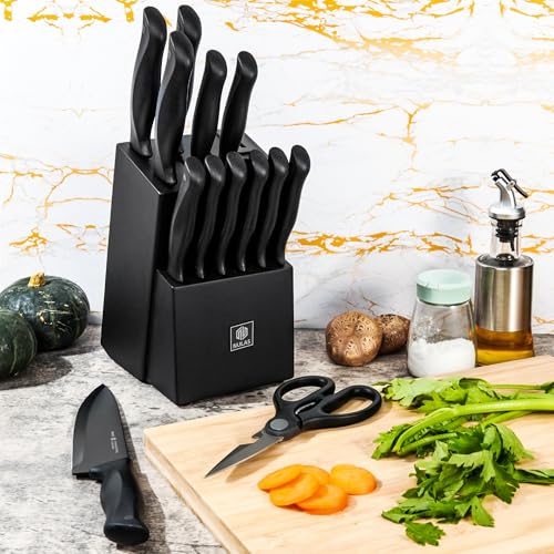 NULAS Black 15-Piece Kitchen Knife Set with Block & Built-In Sharpener