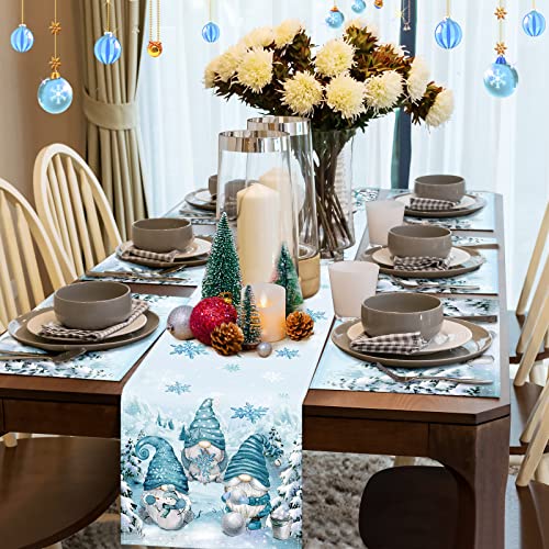 Let It Snow Christmas Table Runner with 6 Placemats Set - 13 x 72 Inch Blue Gnome Snowflake