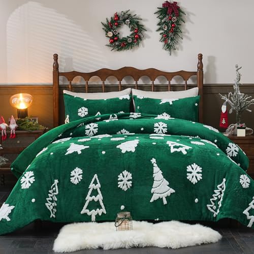 ASPMIZ 3-Piece Christmas Queen Comforter Set Green 90x90 2 Pillowcases