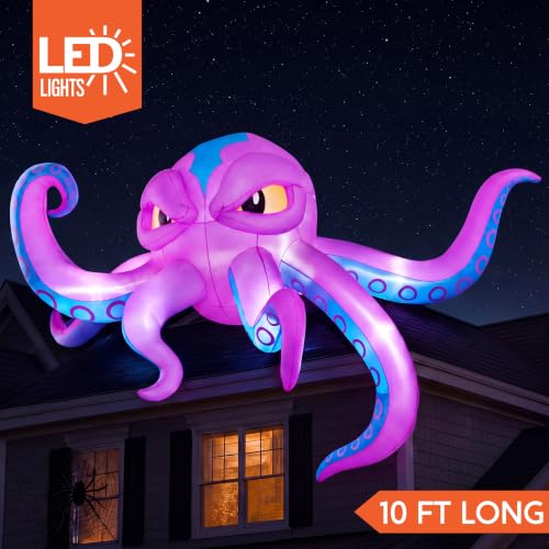 JOYIN 10FT Blue Tentacled Halloween Inflatable Rooftop Octopus with LED Lights