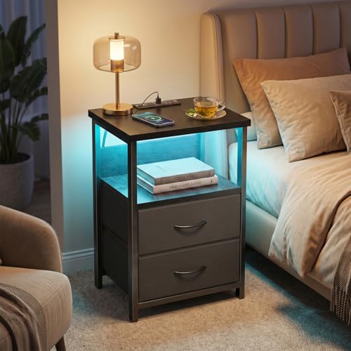 Fixwal Black Nightstands Set of 2 with LED RGB Lighting, Charging Station, 15.7 x 11.8 x 23.6 inches