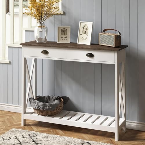 White Console Table with Drawer and Stable X Supports - 39.37W x 11.81D x 31.5H