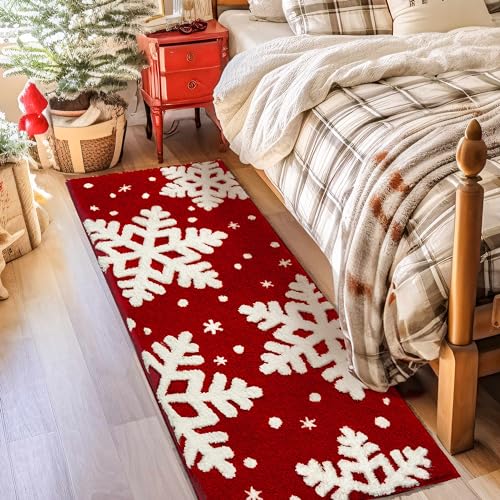 Dexde Christmas Red Runner Bath Mat 24”x60” Non-Slip Microfiber, Absorbent Bath Rug
