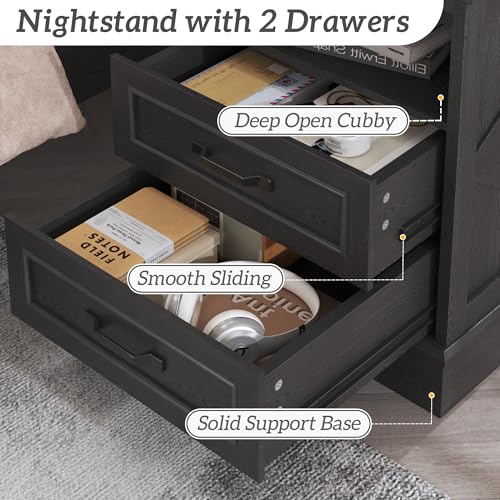 Fluest 24-Inch Farmhouse Nightstand with Fast Charging Station, Rustic Black