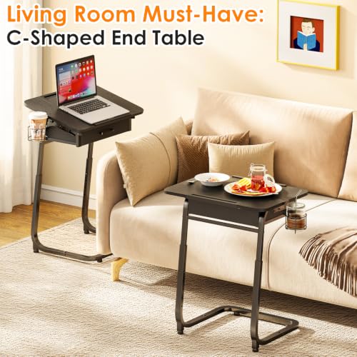 Adjustable Height TV Tray Table with Drawer & Cup Holder - Black