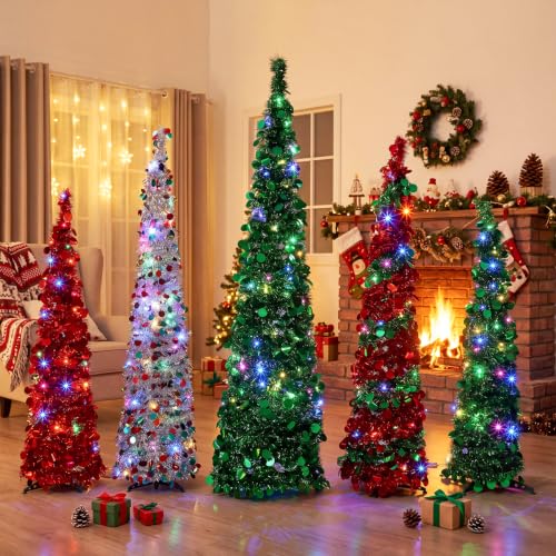 VioraWhite 5-Pcs Red & Green 4/5/6 ft Pop-Up Christmas Pencil Tree with 300 LED Lights