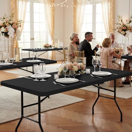 6ft Fitted Tablecloth Rectangle 6-Pack with Elastic Corners - Black, 30x72 Inch