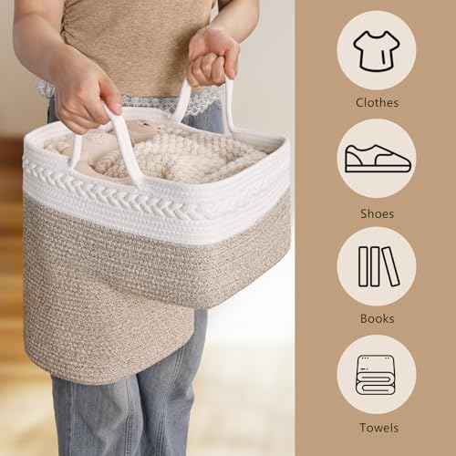 Brown Woven Stair Basket - 15x10x15 Inch Cotton Storage Bin with Handles