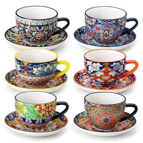 Vancasso 8oz Cappuccino Cups & Saucers Set - Porcelain Coffee Tea Cups, Vibrant Bohemian Design, Dishwasher & Microwave Safe, Set of 6