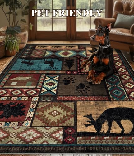 YIHOUSE 5x7 Brown Washable Rustic Cabin Area Rug - Non-Slip, Pet Friendly