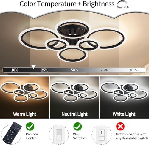 Shine LUEST 6 Rings Black Modern LED Ceiling Light Fixture, Flush