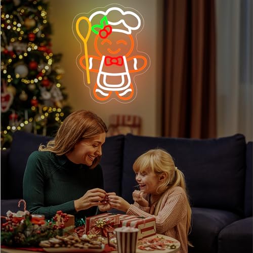 Gingerbread Neon Sign with Spoon - Lulkod, Dimmable Christmas Gingerbread Man Neon Sign for Bedroom