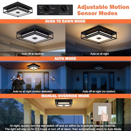 LED Motion Sensor Outdoor Ceiling Light Square Flush Mount 2 Pack - Black 10.5 Inch