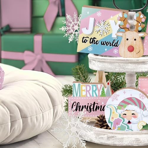 Merry Christmas Tiered Tray Decor, Pink Xmas Tree Santa Deer