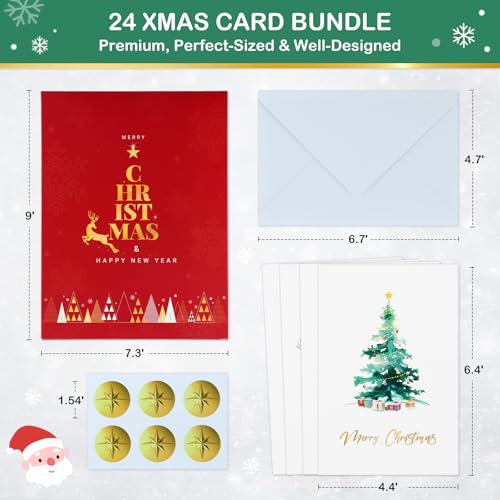 Flyab 24 Watercolor Christmas Cards Set with Gold Foil - Merry & Bright
