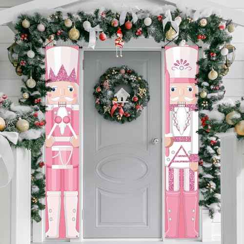 Lofaris Pink Nutcracker Christmas Porch Banner ? Welcome Hanging Sign for Indoor and Outdoor Decoration, Home Party, and Birthday Supplies