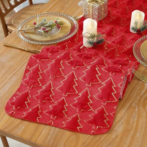 Christmas Tree Table Runner, 72 Inches Long Plush Gold Sequin Glitter Table Runners for Dining/Parties/Holiday Decorations (Red, 13" x 72", Table Runner)