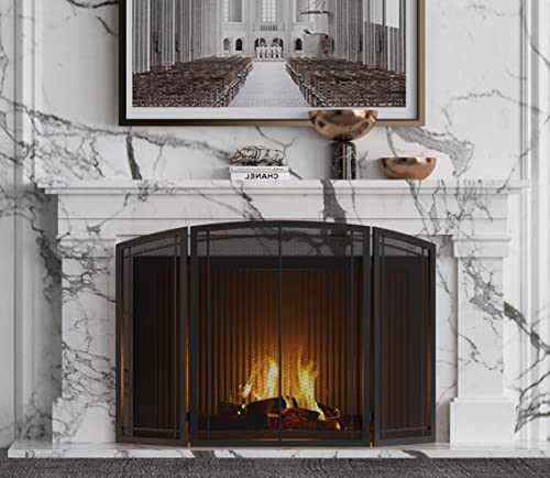 FireBeauty 3-Panel Wrought Iron Fireplace Screen 48x30 Inch Black Safety Guard