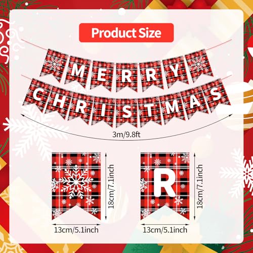 Merry Christmas Banner Decorations, Pre-Strung Red Black Buffalo