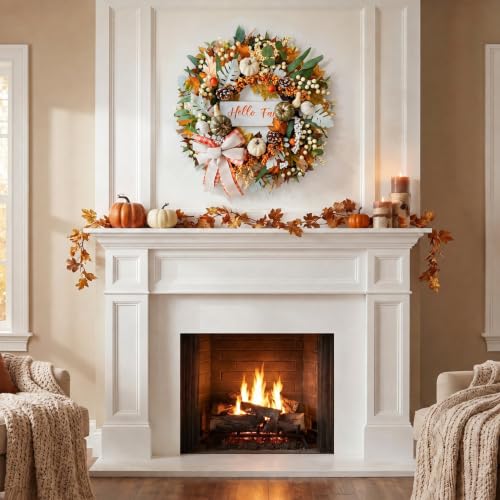24-Inch Fall Wreath with Lights & Timer for Front Door - Farmhouse Decor