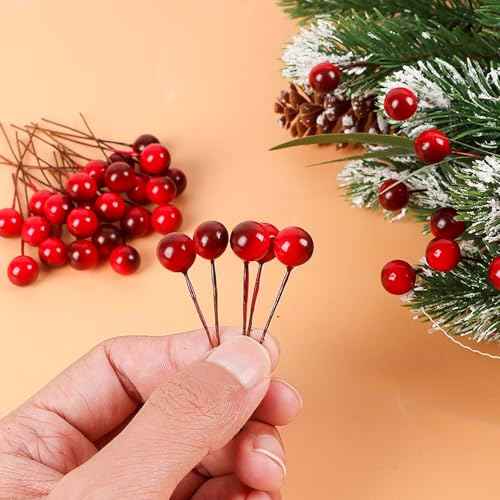 DIYASY 100 pcs Artificial Holly Berries, Mini 10 mm Christmas Fake Berries with Wire Stems Xmas Red Berry Stems Picks for Christmas Tree Decorations Wreath Craft Wedding Party Decor