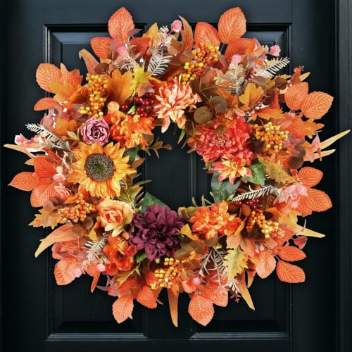 Luxurious Fall Wreath 26 Inch Front Door Decor Sunflowers Hydrangeas Dahlias Autumn Leaves - Outdoor Indoor Thanksgiving Harvest Farmhouse