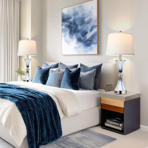 Blue Dimmable Touch Glass Table Lamps with USB Ports - Set of 2 for Bedroom Decor
