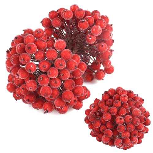 200PCS Artificial Holly Berries Wired Stems Artificial Flowers 12MM Frosted Fake Berries, Red
