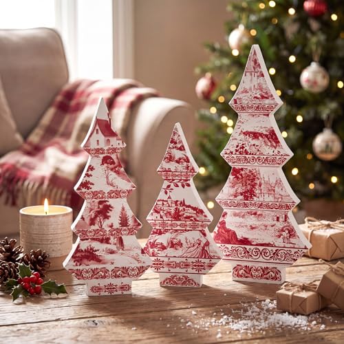 3-Piece Red Toile de Jouy Wood Christmas Trees Set