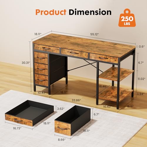 OLIXIS Rustic Brown 55 Inch Computer Desk with 6 Fabric Drawers for Home Office & Gaming
