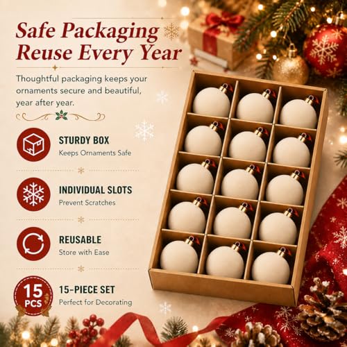 NONSTOP Cream White Velvet Christmas Ball Ornaments 15 pcs - 2.36 Inch Shatterproof Holiday Decor