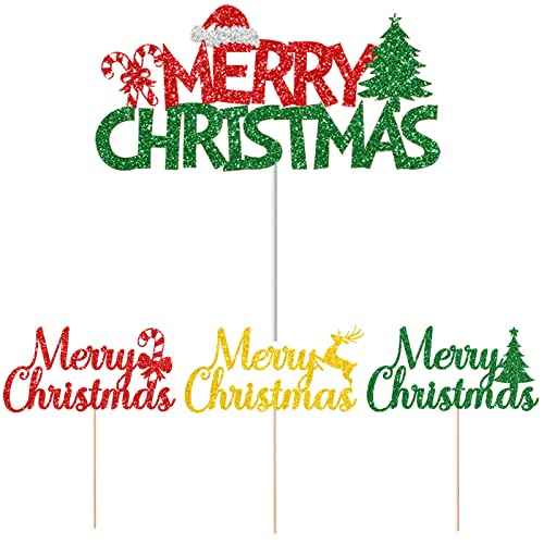 JOZON 37 Pack Gold Red Green Merry Christmas Cake Topper and Cupcake Toppers Set Glittery Xmas Holiday Cupcake Picks Christmas Party Cake Supplies Decoration