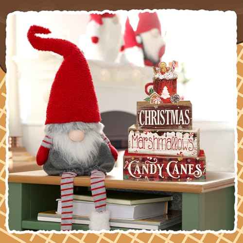 4 Pcs Christmas Hot Cocoa Table Decor Christmas Wooden Decorative Signage Hot Cocoa Tiered Tray Decor Xmas Centerpieces Farmhouse Wooden Block Set Xmas Table Sign for Home