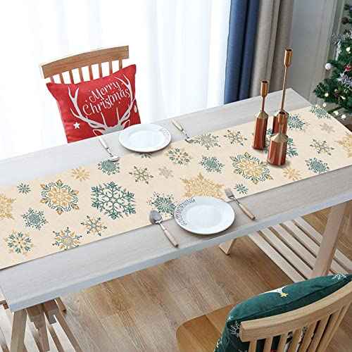 Seliem Winter Snowflakes Table Runner, Gold Blue Tabletop Scarf Home Kitchen Christmas Holiday Decor Sign, Seasonal Farmhouse Rustic Burlap Dining Decorations Party Supplies 13 x 72 Inch