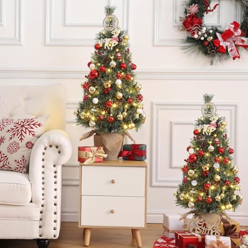 GarveeHome 3ft Green Pre-Lit Christmas Tree with Snow-Tipped Branches & Berries - Compact Holiday Decor
