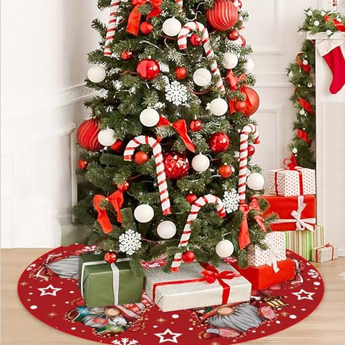 GAGEC Red Christmas Tree Skirt 18 Inch with Gnomes & Snowflakes - Indoor Outdoor Holiday Decor