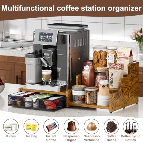 Coffee Station Organizer with K Cup Holder - Rustic Brown, 28 Pod Capacity, 3-Tier Syrup Rack