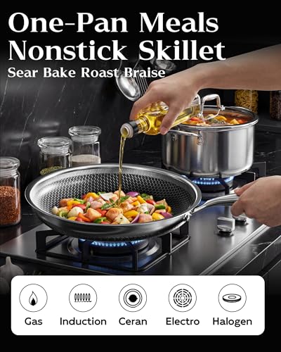 10 Inch Nonstick Frying Pan with Lid Honeycomb Surface PFAS-Free All Cooktops